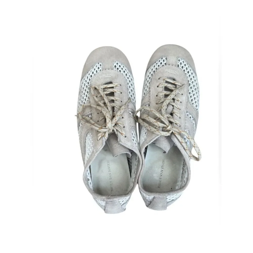 Dries Van Noten mesh and suede low-top sneakers in white and beige